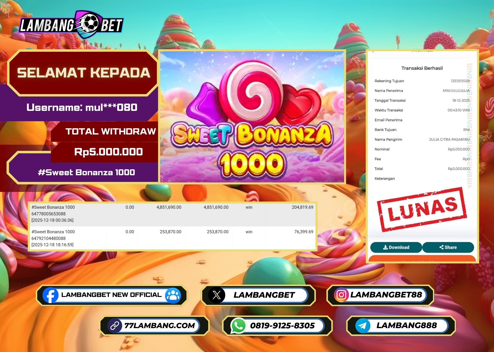 LAMBANGBET [18 DESEMBER 2025] JACKPOT SLOT Sweet Bonanza 1000 "Rp5.000.000" LUNAS